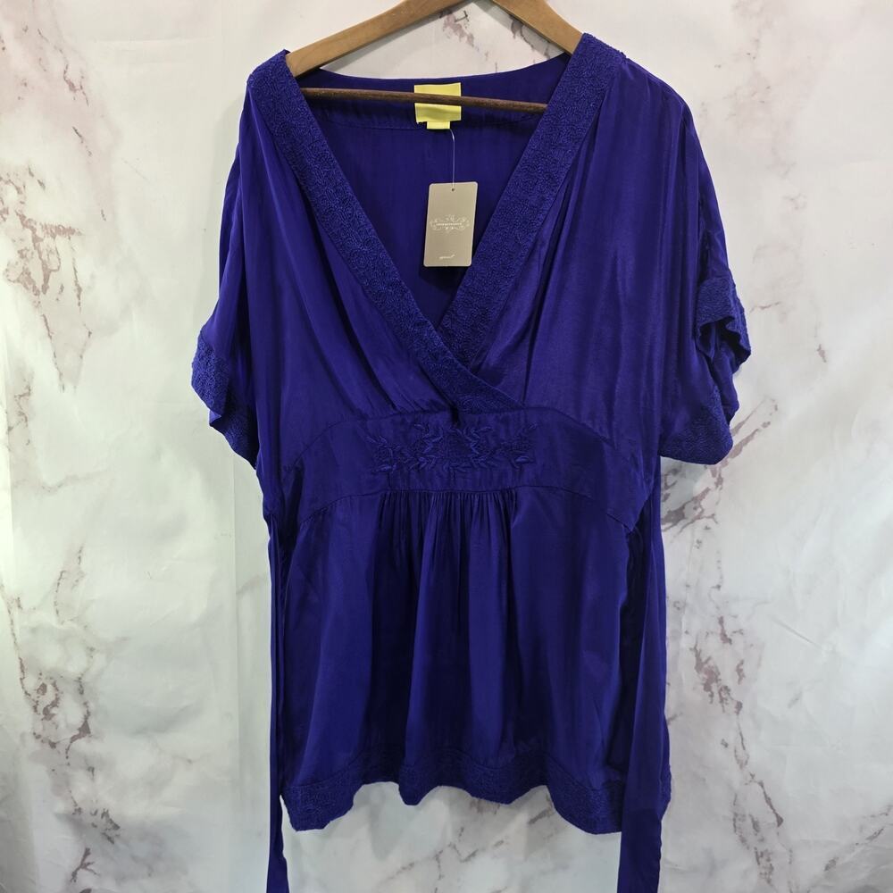 Anthropologie Shirt Womens 12 Large Indigo Purple Blouse Maeve Tie Kimono V